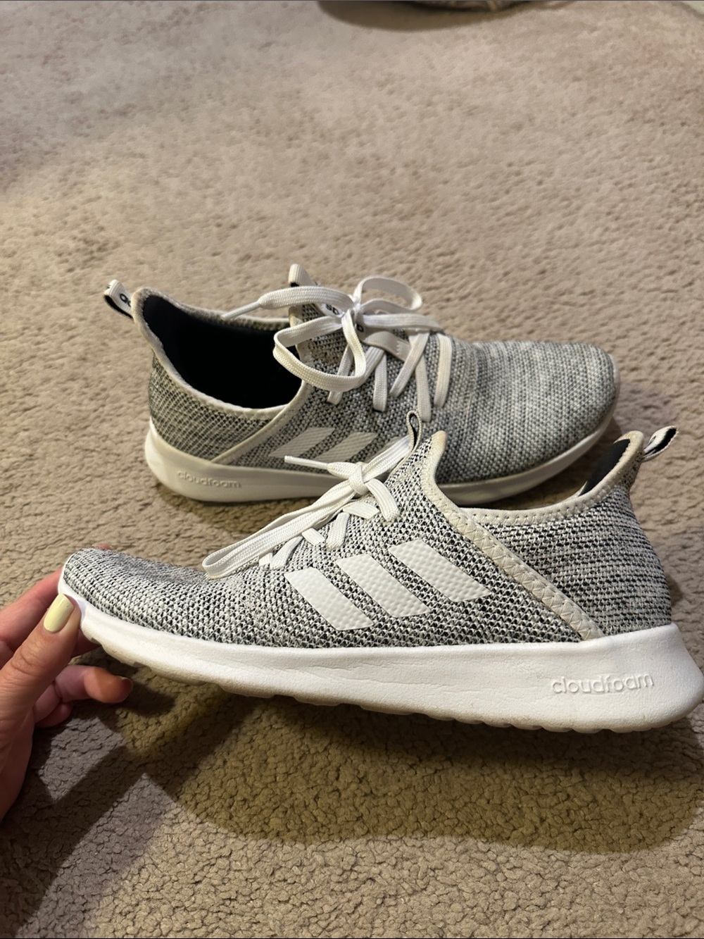 adidas Grey Knit Cloudfoam Running Shoes with White Stripes